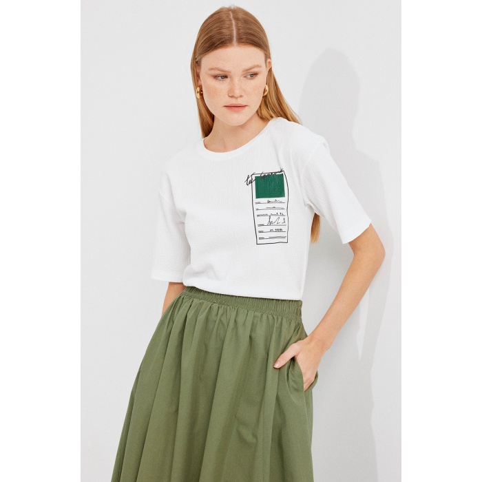 911 Baskılı Örme Basic Tişört - Yeşil