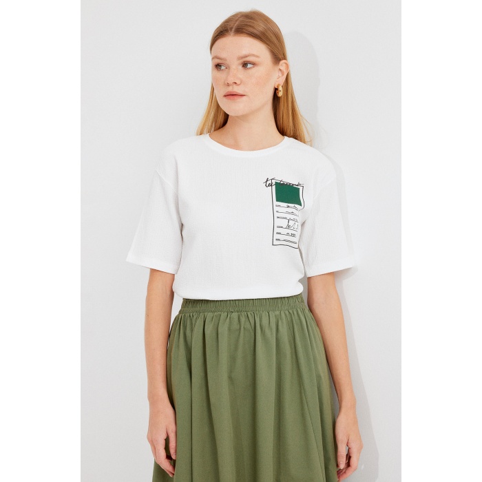 911 Baskılı Örme Basic Tişört - Yeşil