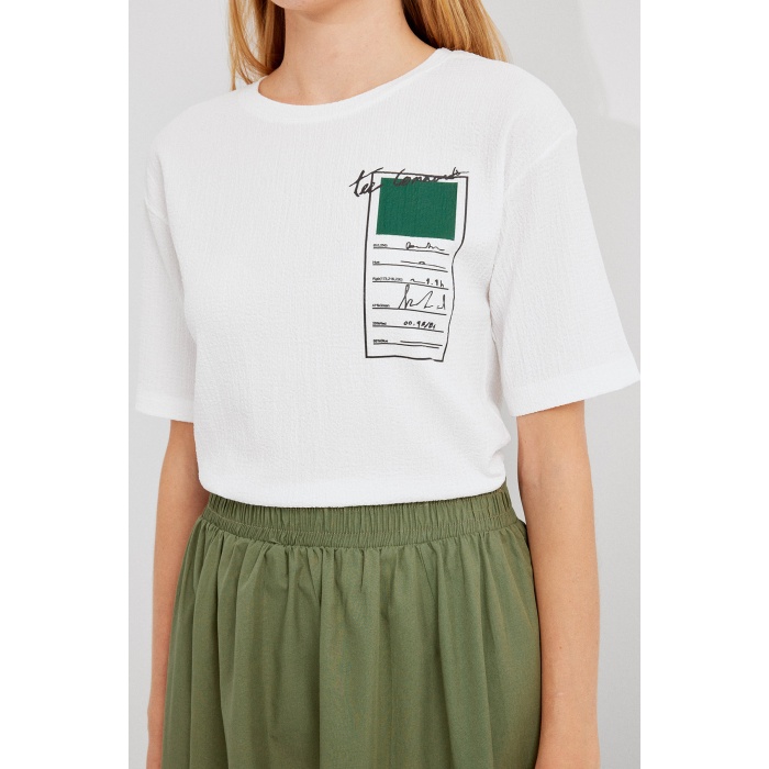 911 Baskılı Örme Basic Tişört - Yeşil