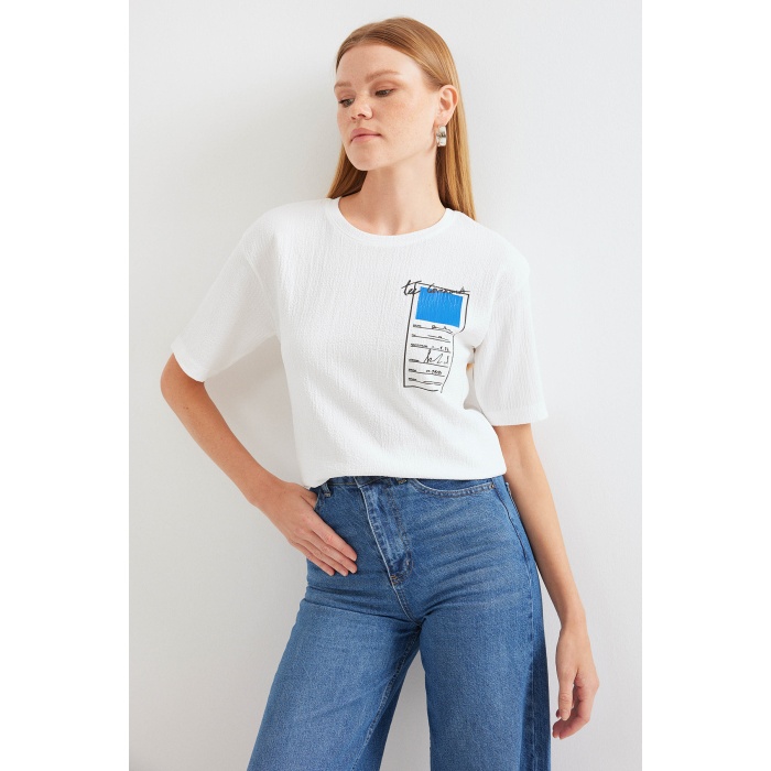 911 Baskılı Örme Basic Tişört - Mavi