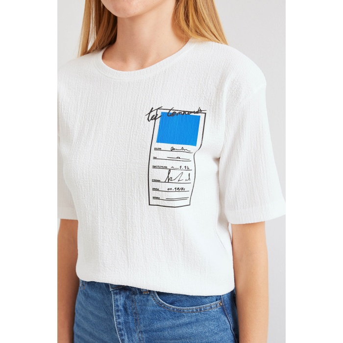 911 Baskılı Örme Basic Tişört - Mavi