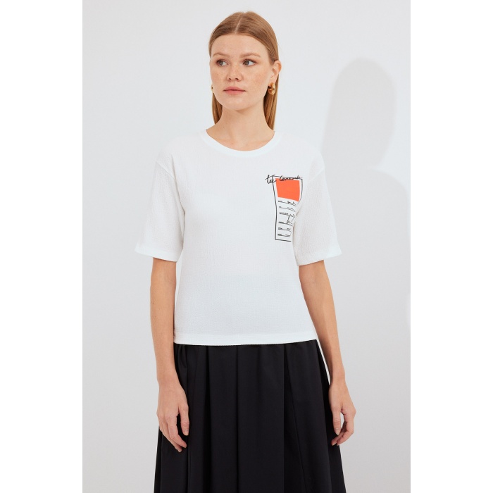 911 Baskılı Örme Basic Tişört - Turuncu