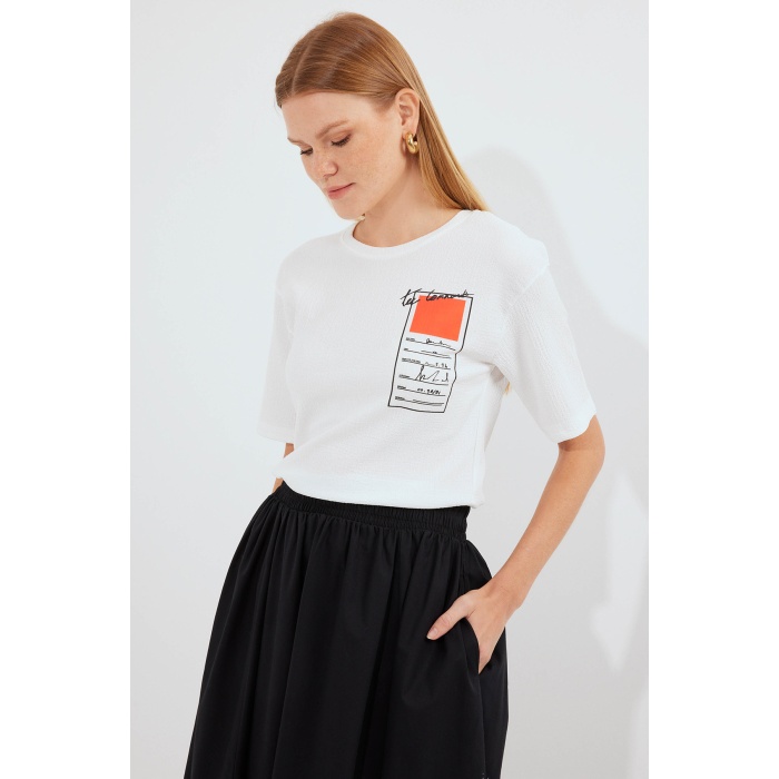 911 Baskılı Örme Basic Tişört - Turuncu