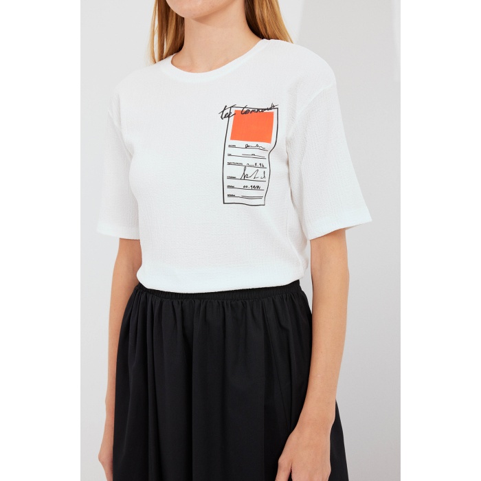 911 Baskılı Örme Basic Tişört - Turuncu