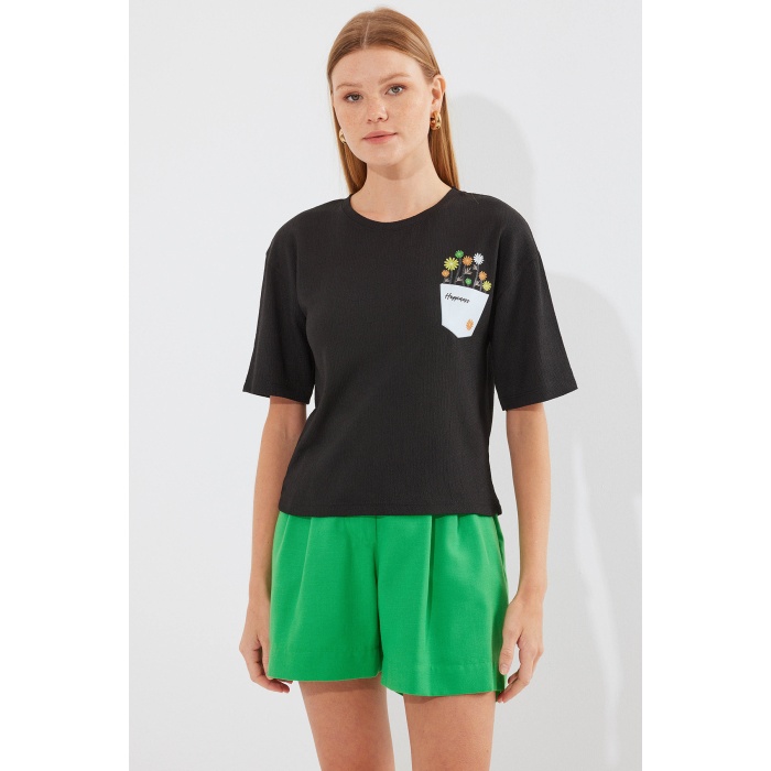 912 Baskılı Örme Basic Tişört - Siyah