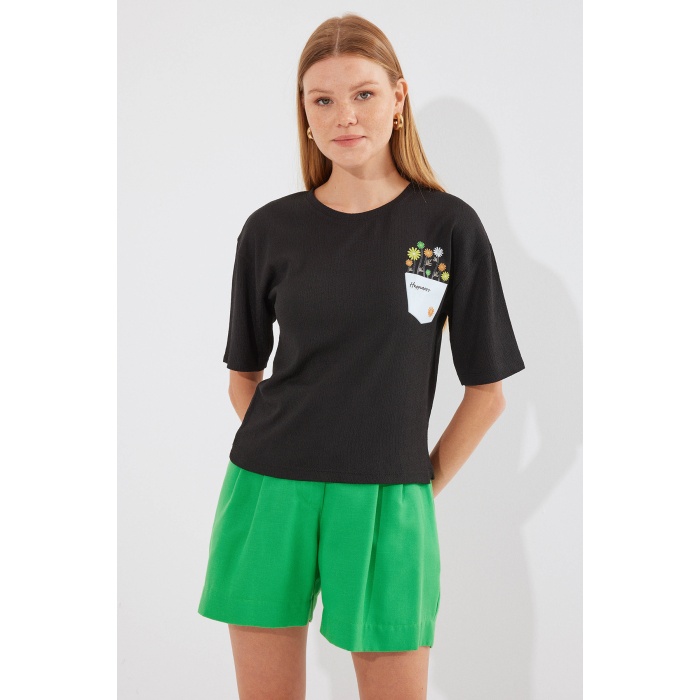 912 Baskılı Örme Basic Tişört - Siyah