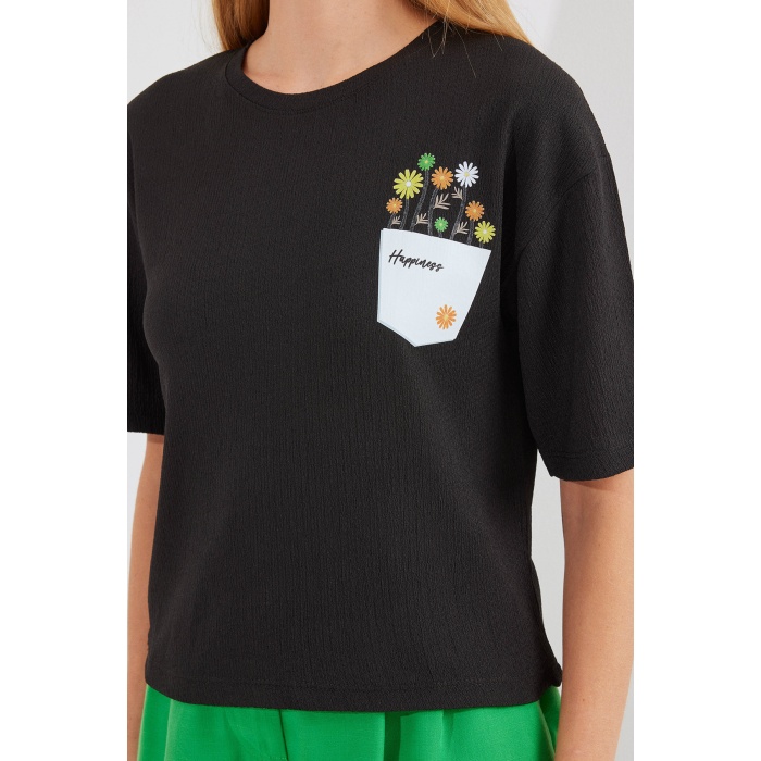 912 Baskılı Örme Basic Tişört - Siyah