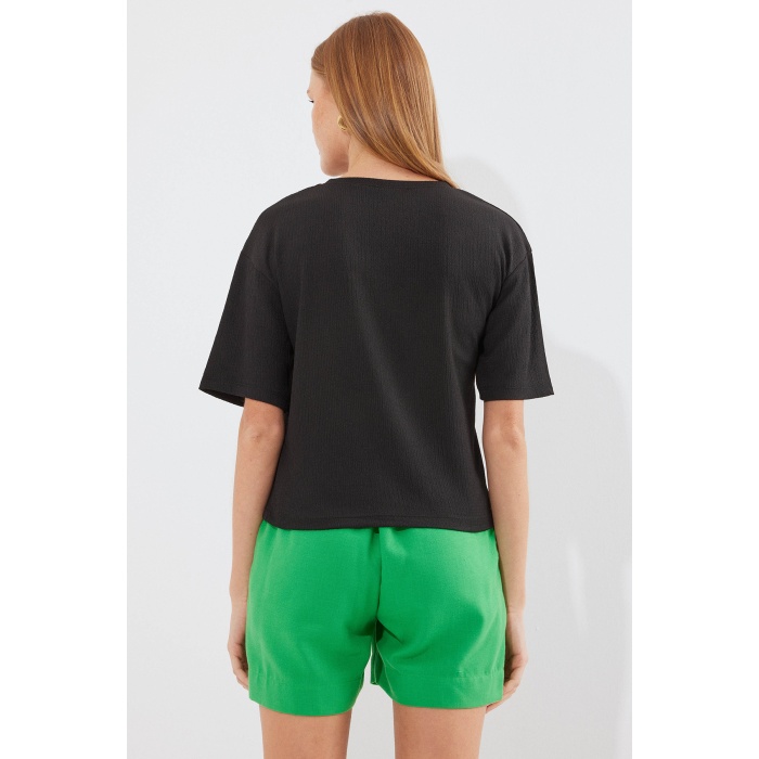 912 Baskılı Örme Basic Tişört - Siyah