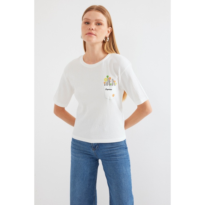 912 Baskılı Örme Basic Tişört - Beyaz