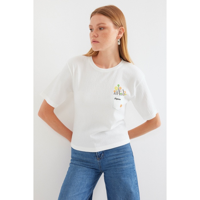 912 Baskılı Örme Basic Tişört - Beyaz