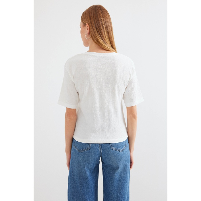 912 Baskılı Örme Basic Tişört - Beyaz