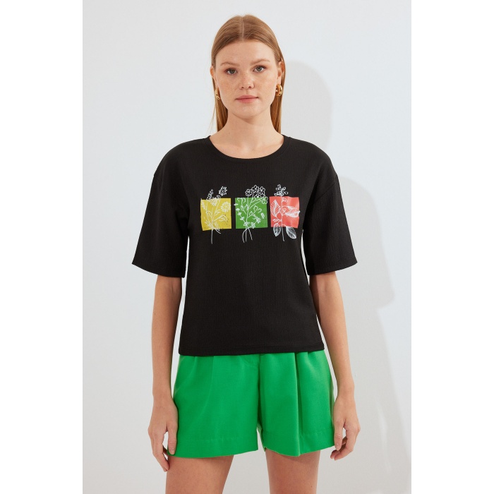 913 Baskılı Örme Basic Tişört - Siyah