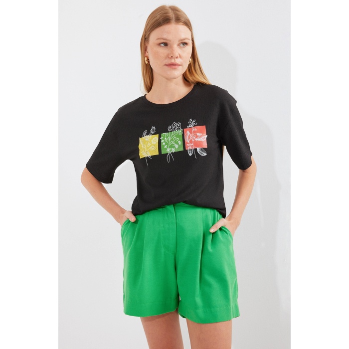 913 Baskılı Örme Basic Tişört - Siyah