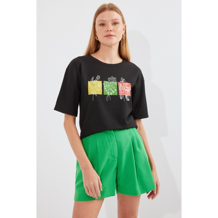 913 Baskılı Örme Basic Tişört - Siyah