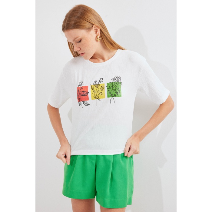 913 Baskılı Örme Basic Tişört - Beyaz