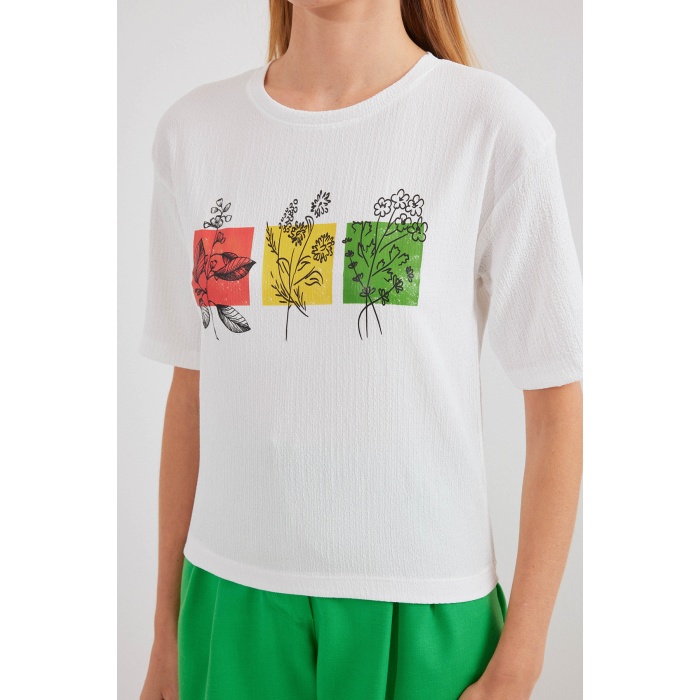 913 Baskılı Örme Basic Tişört - Beyaz