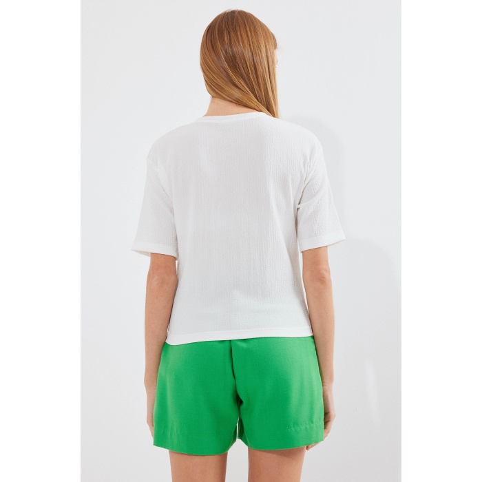 913 Baskılı Örme Basic Tişört - Beyaz