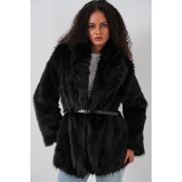 Kadın Kemerli Oversize Kürklü Kaban 9156 - Siyah