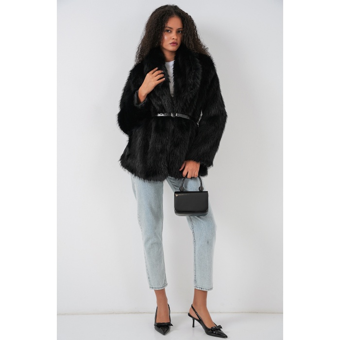 Kadın Kemerli Oversize Kürklü Kaban 9156 - Siyah