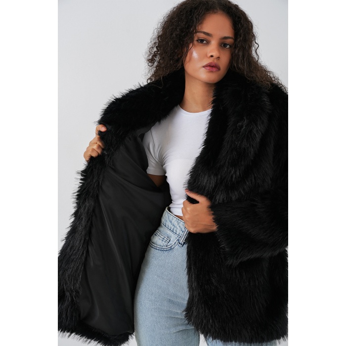 Kadın Kemerli Oversize Kürklü Kaban 9156 - Siyah