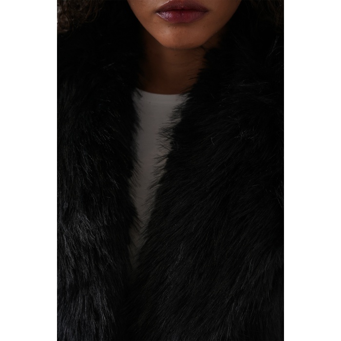 Kadın Kemerli Oversize Kürklü Kaban 9156 - Siyah