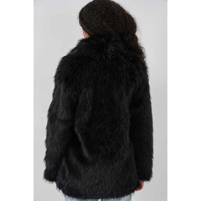 Kadın Kemerli Oversize Kürklü Kaban 9156 - Siyah