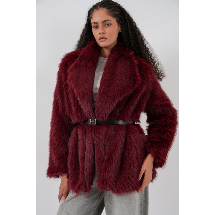 Kadın Kemerli Oversize Kürklü Kaban 9156 - Bordo