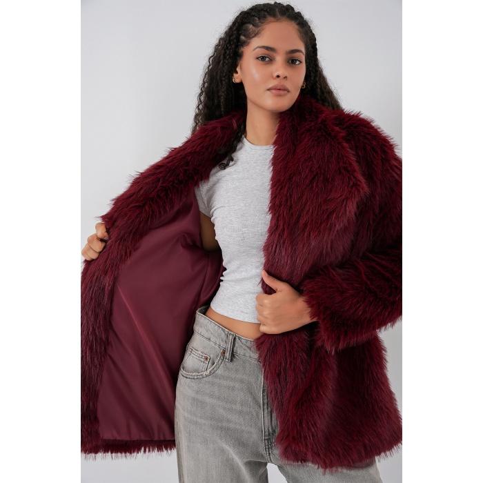Kadın Kemerli Oversize Kürklü Kaban 9156 - Bordo