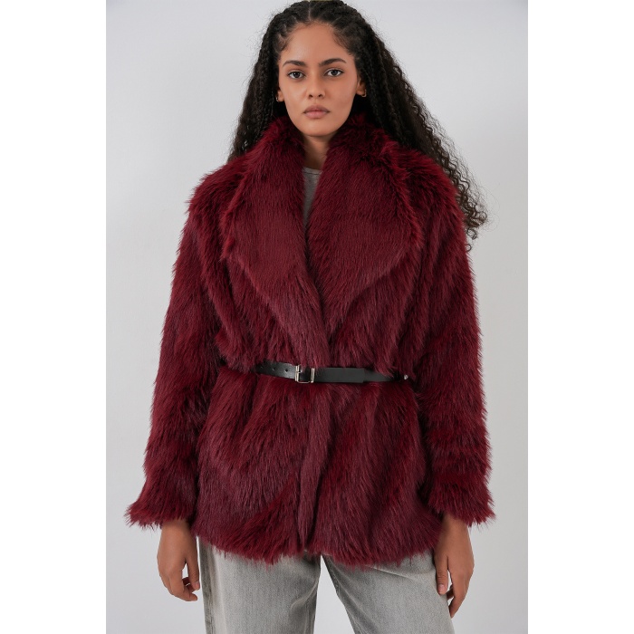Kadın Kemerli Oversize Kürklü Kaban 9156 - Bordo