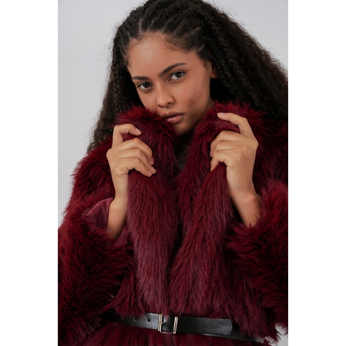 Kadın Kemerli Oversize Kürklü Kaban 9156 - Bordo