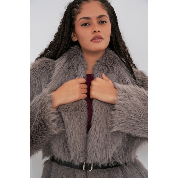 Kadın Kemerli Oversize Kürklü Kaban 9156 - Füme