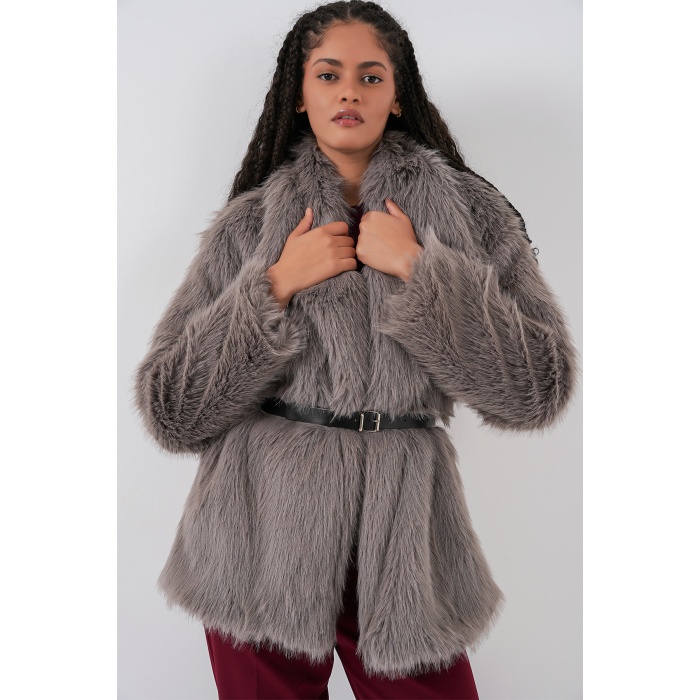 Kadın Kemerli Oversize Kürklü Kaban 9156 - Füme