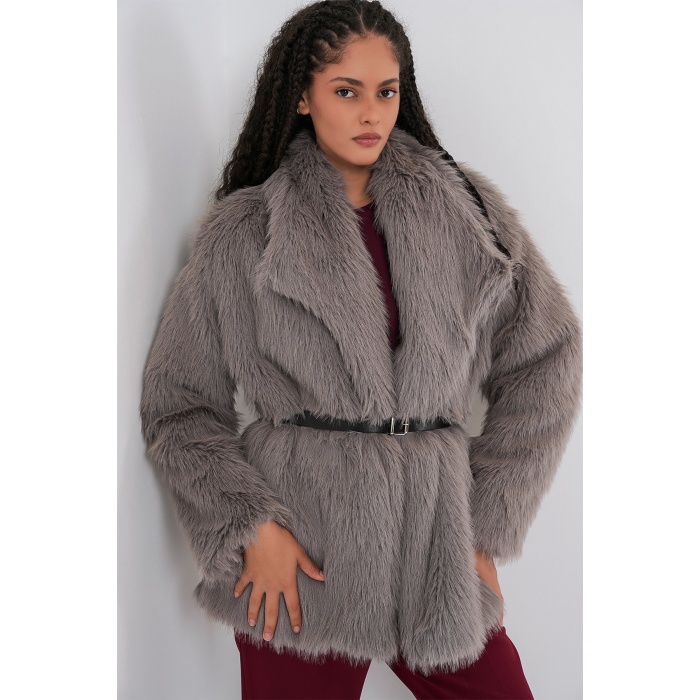 Kadın Kemerli Oversize Kürklü Kaban 9156 - Füme