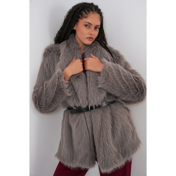 Kadın Kemerli Oversize Kürklü Kaban 9156 - Füme