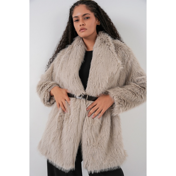 Kadın Kemerli Oversize Kürklü Kaban 9156 - Taş