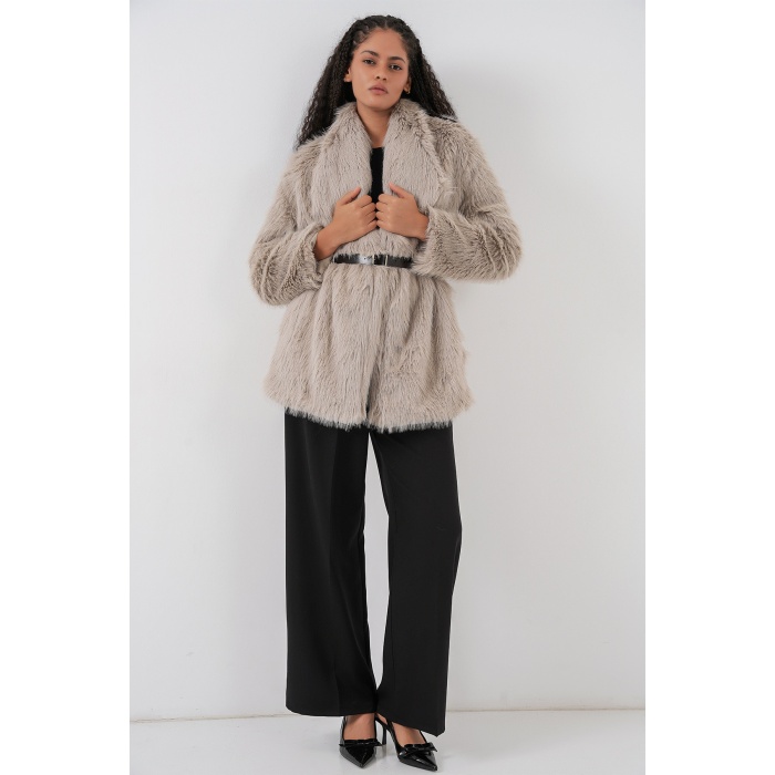 Kadın Kemerli Oversize Kürklü Kaban 9156 - Taş