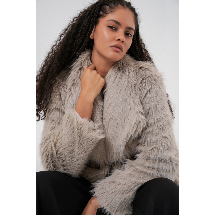 Kadın Kemerli Oversize Kürklü Kaban 9156 - Taş