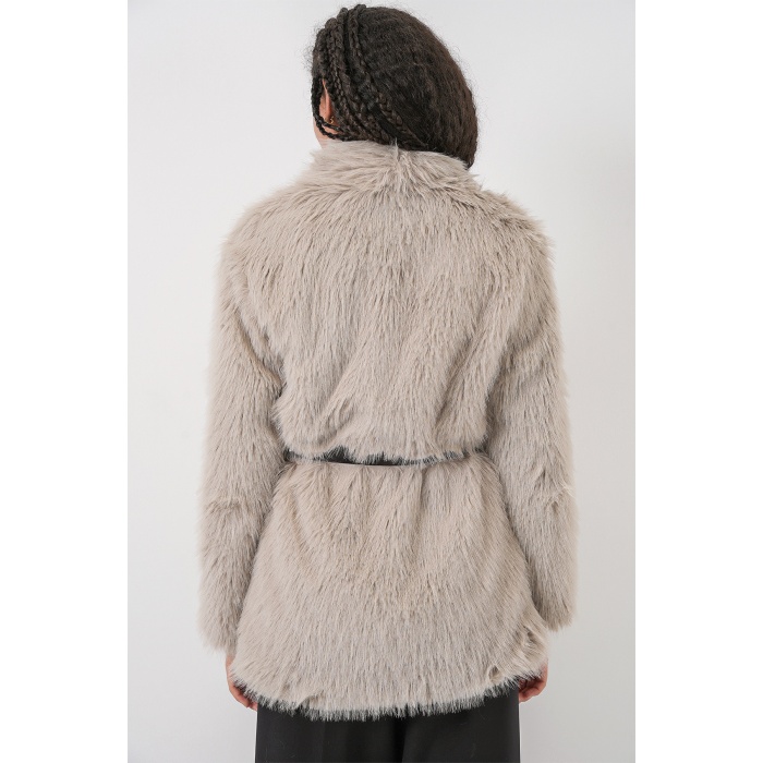 Kadın Kemerli Oversize Kürklü Kaban 9156 - Taş
