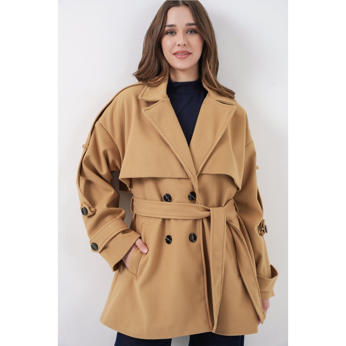 Kadın Kuşaklı Oversize Kaşe Kaban 9157 - Hardal