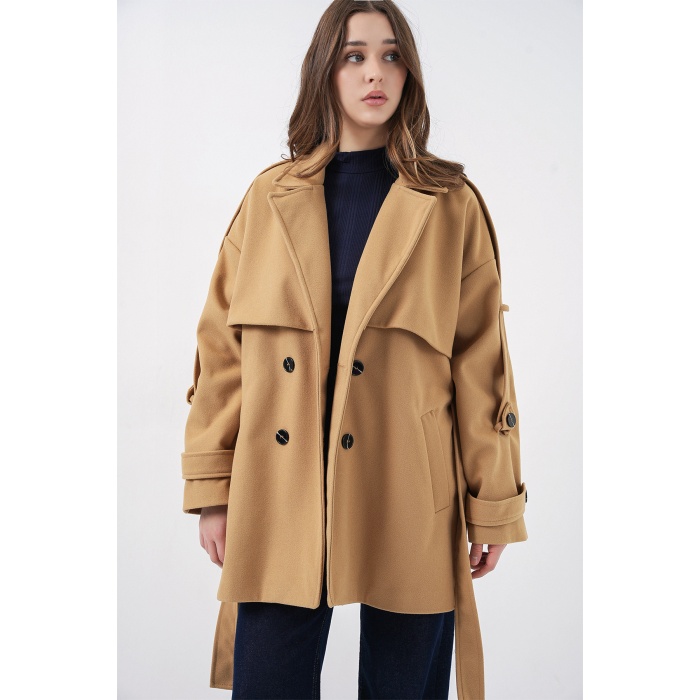 Kadın Kuşaklı Oversize Kaşe Kaban 9157 - Hardal