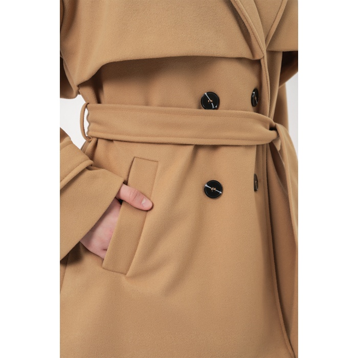 Kadın Kuşaklı Oversize Kaşe Kaban 9157 - Hardal