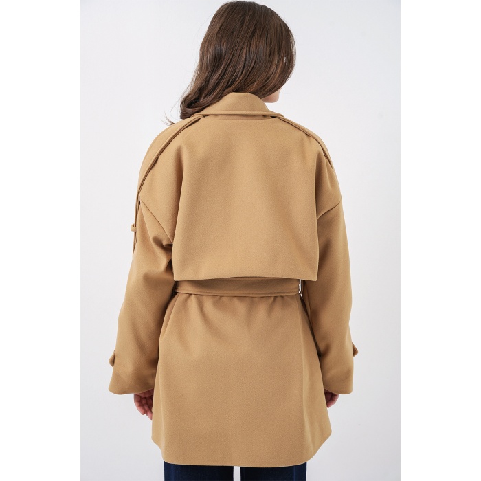 Kadın Kuşaklı Oversize Kaşe Kaban 9157 - Hardal