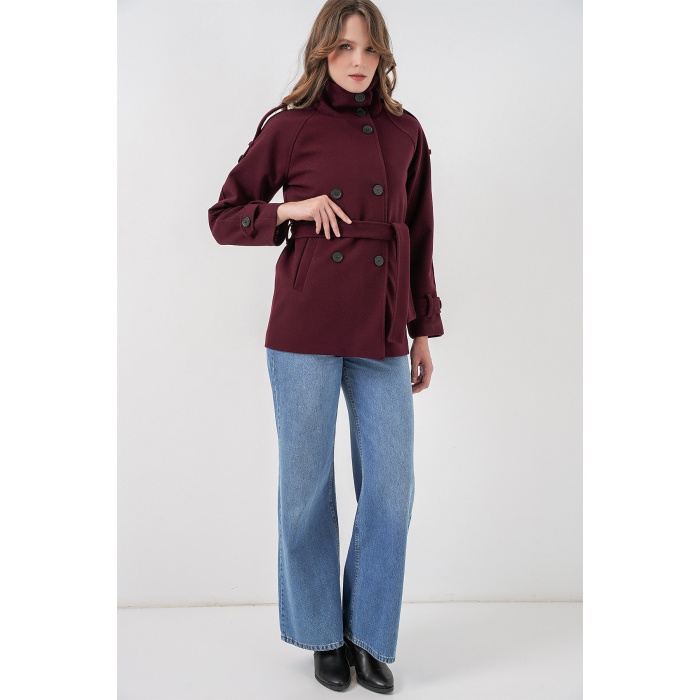 Kadın Kuşaklı Kaşe Kaban 9162 - Bordo