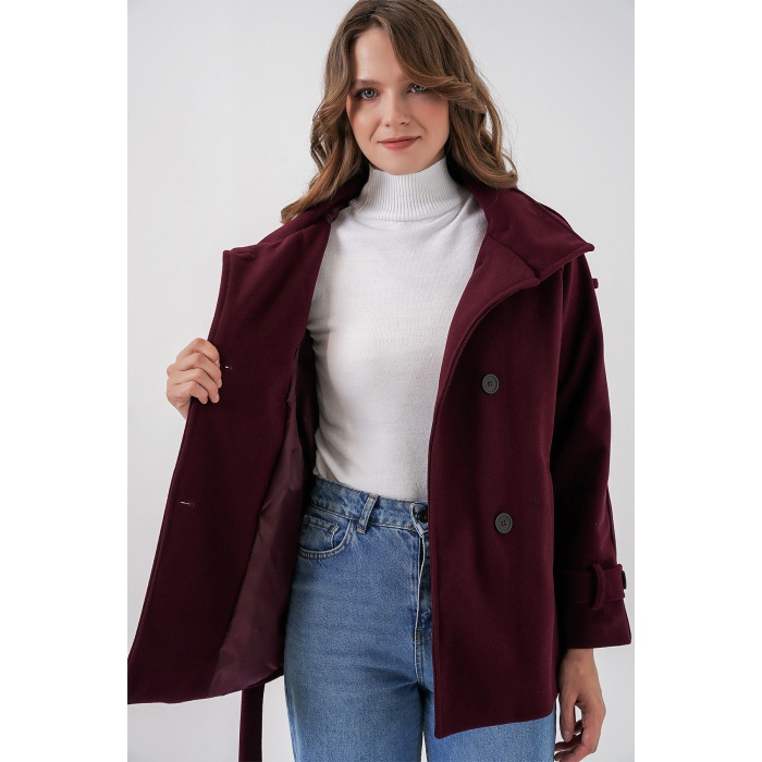 Kadın Kuşaklı Kaşe Kaban 9162 - Bordo