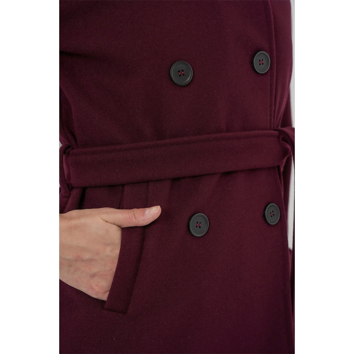 Kadın Kuşaklı Kaşe Kaban 9162 - Bordo