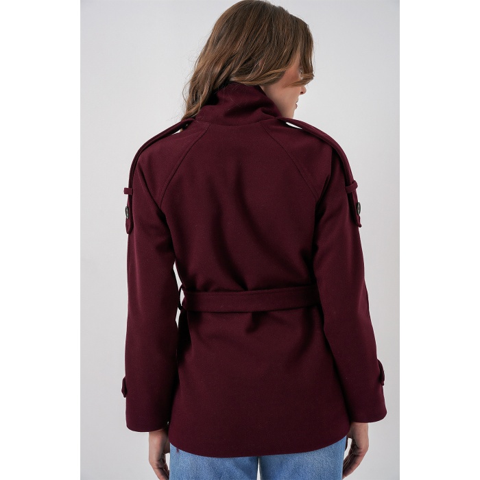 Kadın Kuşaklı Kaşe Kaban 9162 - Bordo