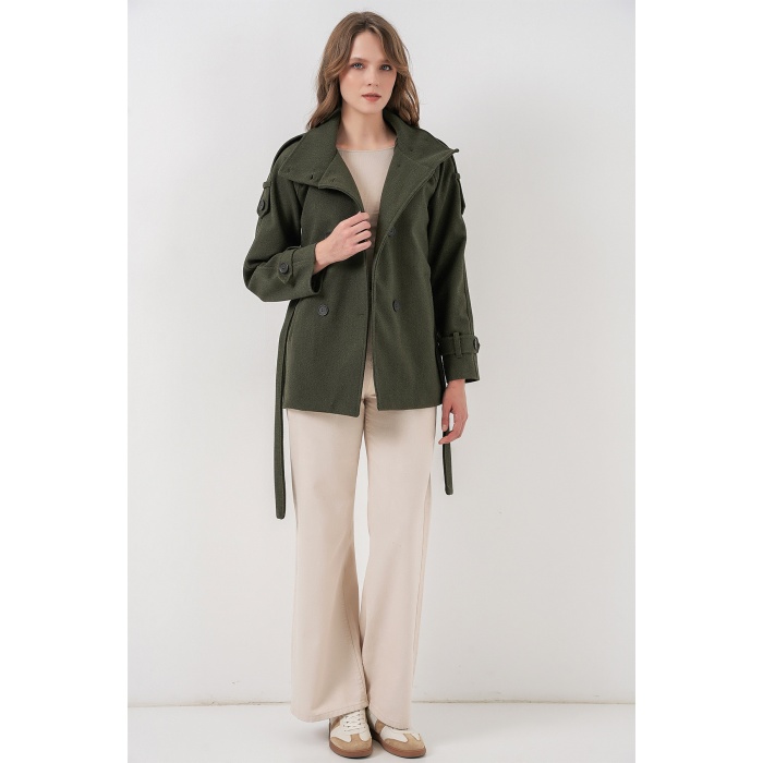 Kadın Kuşaklı Kaşe Kaban 9162 - Haki