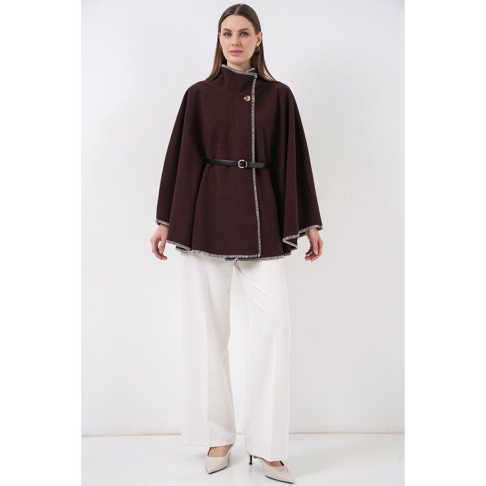 Kadın Dikiş Detaylı Kaşe Panço 9166 - Kahverengi