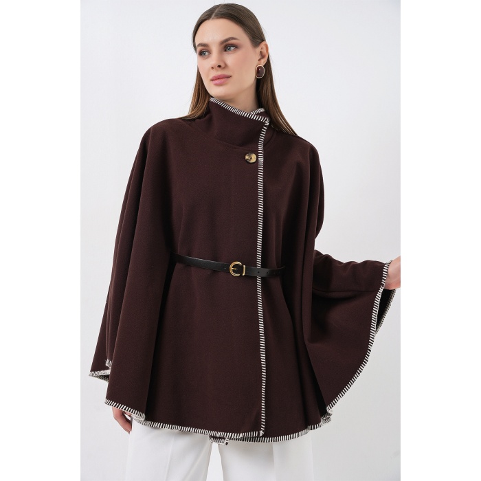 Kadın Dikiş Detaylı Kaşe Panço 9166 - Kahverengi