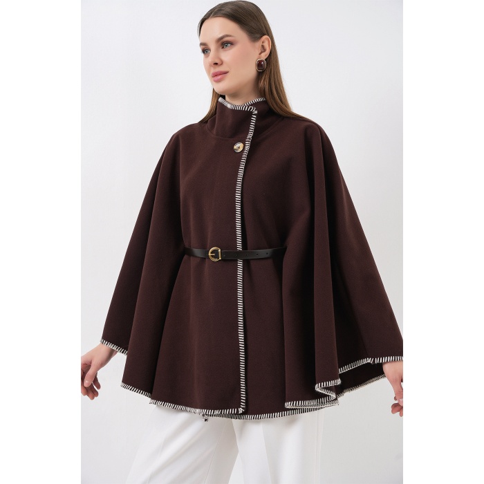 Kadın Dikiş Detaylı Kaşe Panço 9166 - Kahverengi